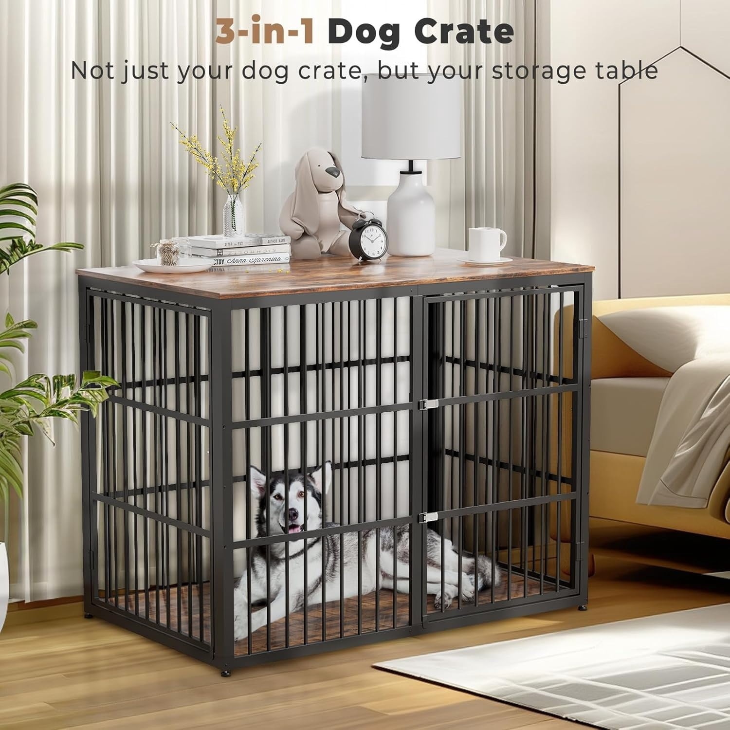 48'' XXL Pet Dog Crate Furniture with 3 Doors,Wooden Crate End Table Heavy Duty Indoor Combination Cage for Medium to Large Dogs, Multiple Units Can be Combined