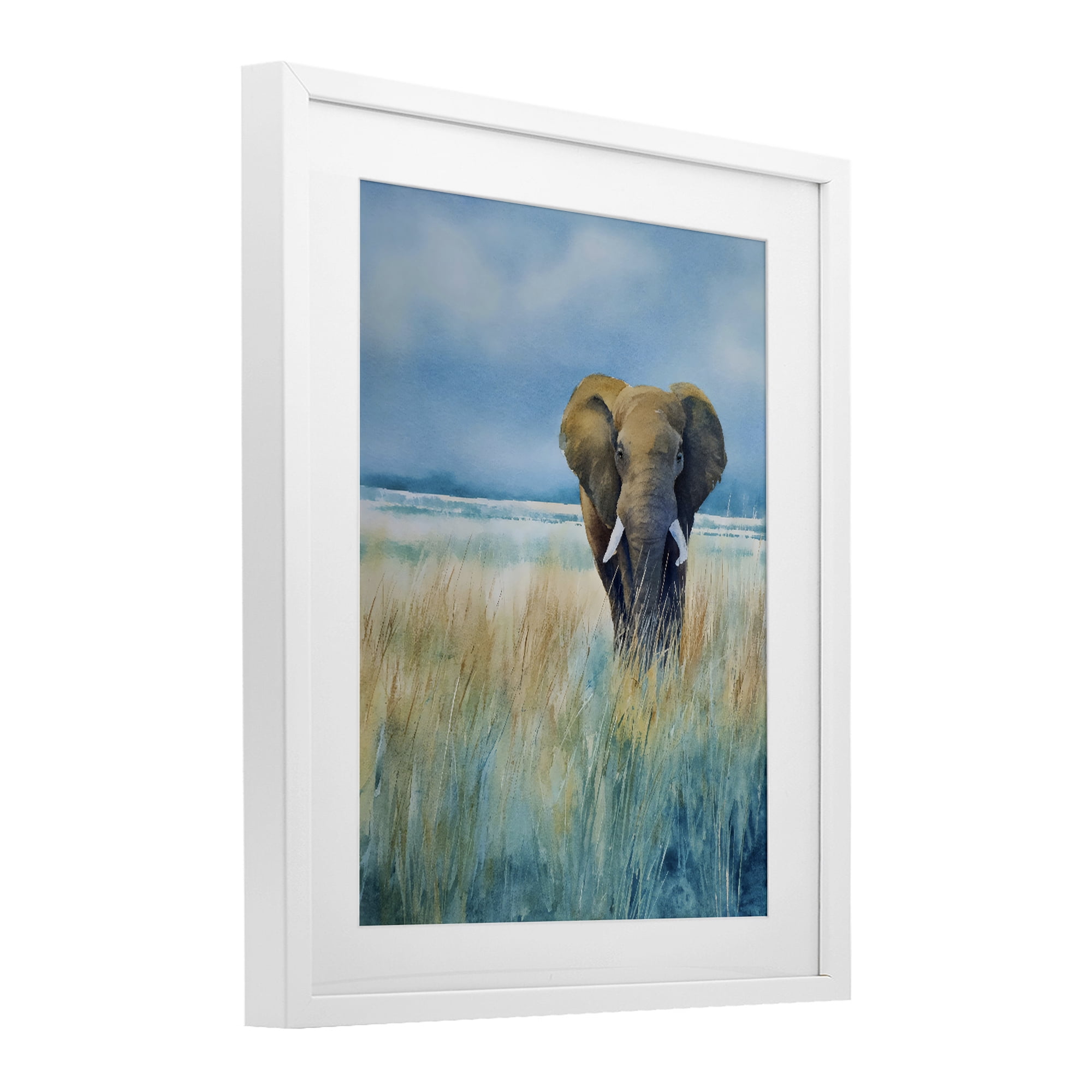 Stupell Industries Blue Grass Elephant White Framed Print Under Glass, design by Franklyn Gregory