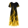 thumbnail image 3 of DeHolifer Dresses for Women Elegant Summer Crewneck Short Sleeve Flame Printed Casual Pleated Dresses Knee Length Midi Dress Yellow M, 3 of 4