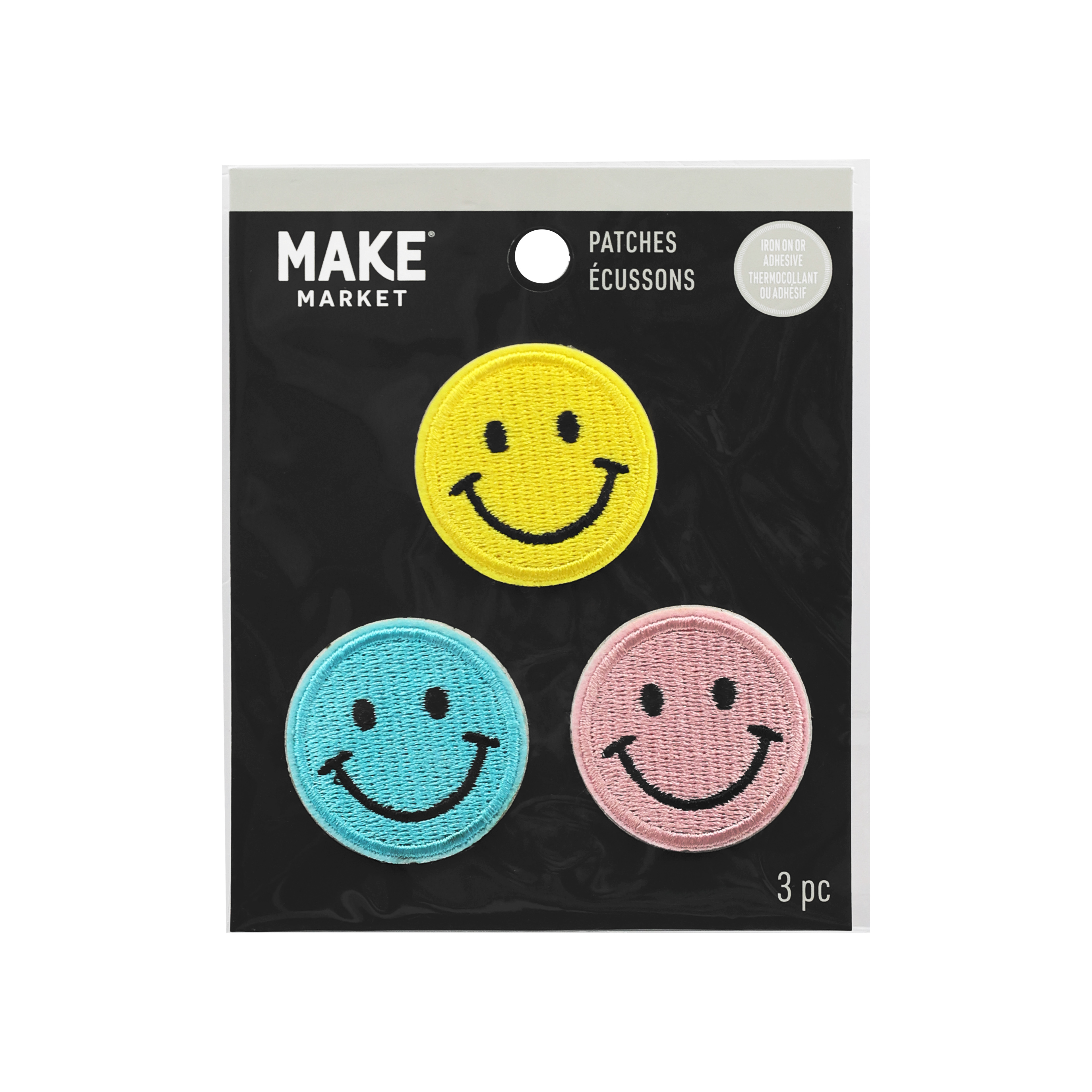 Smiley Face Iron-On Patches by Make Market – Embroidered Multi-Color Appliques for Clothing - Bags & Accessories - 1.5" Size - 12 Pack
