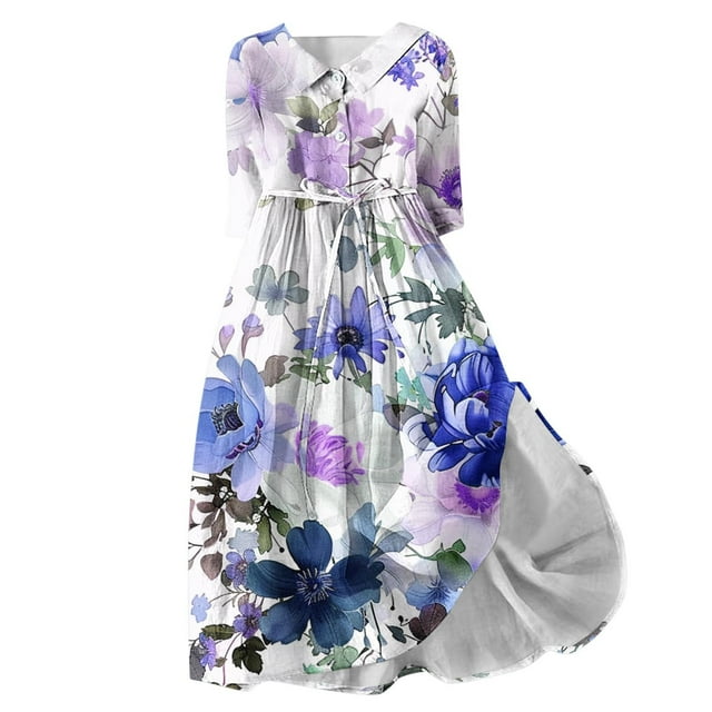 Women's Fashion Floral Boho Lapel V Neck Button Flowy Fall Dress Elegant Casual Drawstring Summer Tea Length A Line Dress Clearance 3/4 Sleeve Spring Workout Blue XL