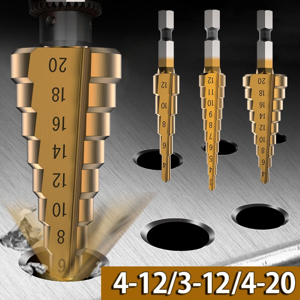 3pcs Large HSS Steel Step Cone Titanium Drill Bit Hole Cutter 3-12/4-12/4-20mm 