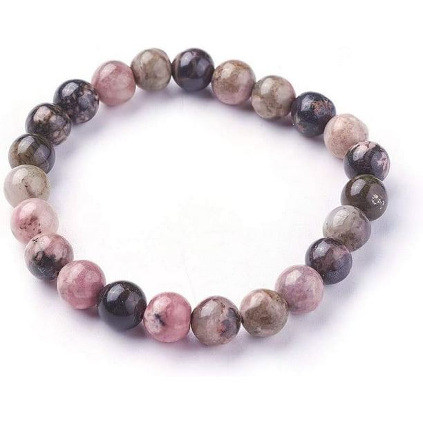 Pulsera de cuentas de rodonita (1 unidad) - Pulsera elástica de cuentas de rodonita natural - Pulsera elástica de cuentas redondas - Conjunto de pulseras multicapa