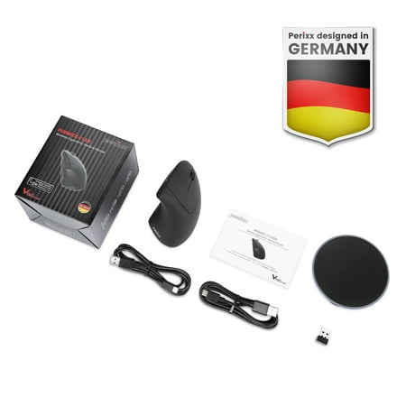 Perixx PERIMICE-713RX Wireless Rechargeable Vertical Mouse - Duo Wired and Wireless Charging Feature - Wireless Charging Pad Included - 6 Buttons Design - Black - Right-Handed Design