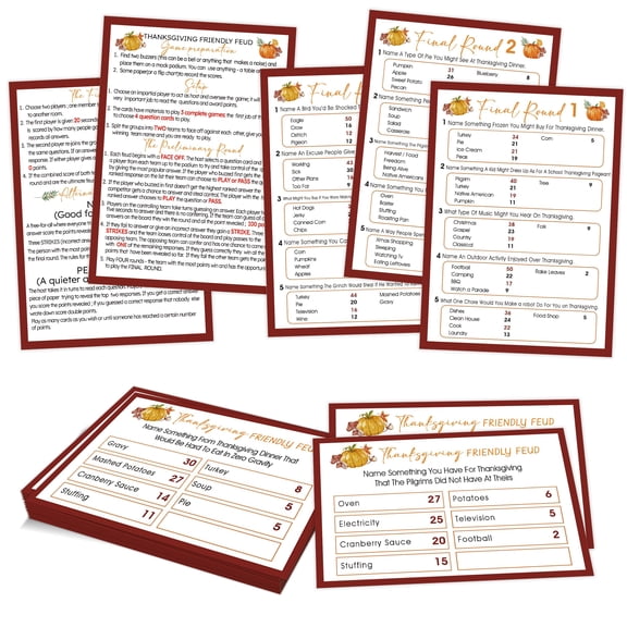 Thanksgiving Family Feud Game 12 Question Cards 3 Final Round Cards 1 Intro Card