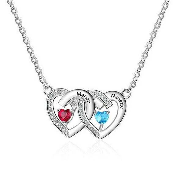 Personalized Couples Sterling Silver Engraved Birthstone Double Heart with CZ Necklace