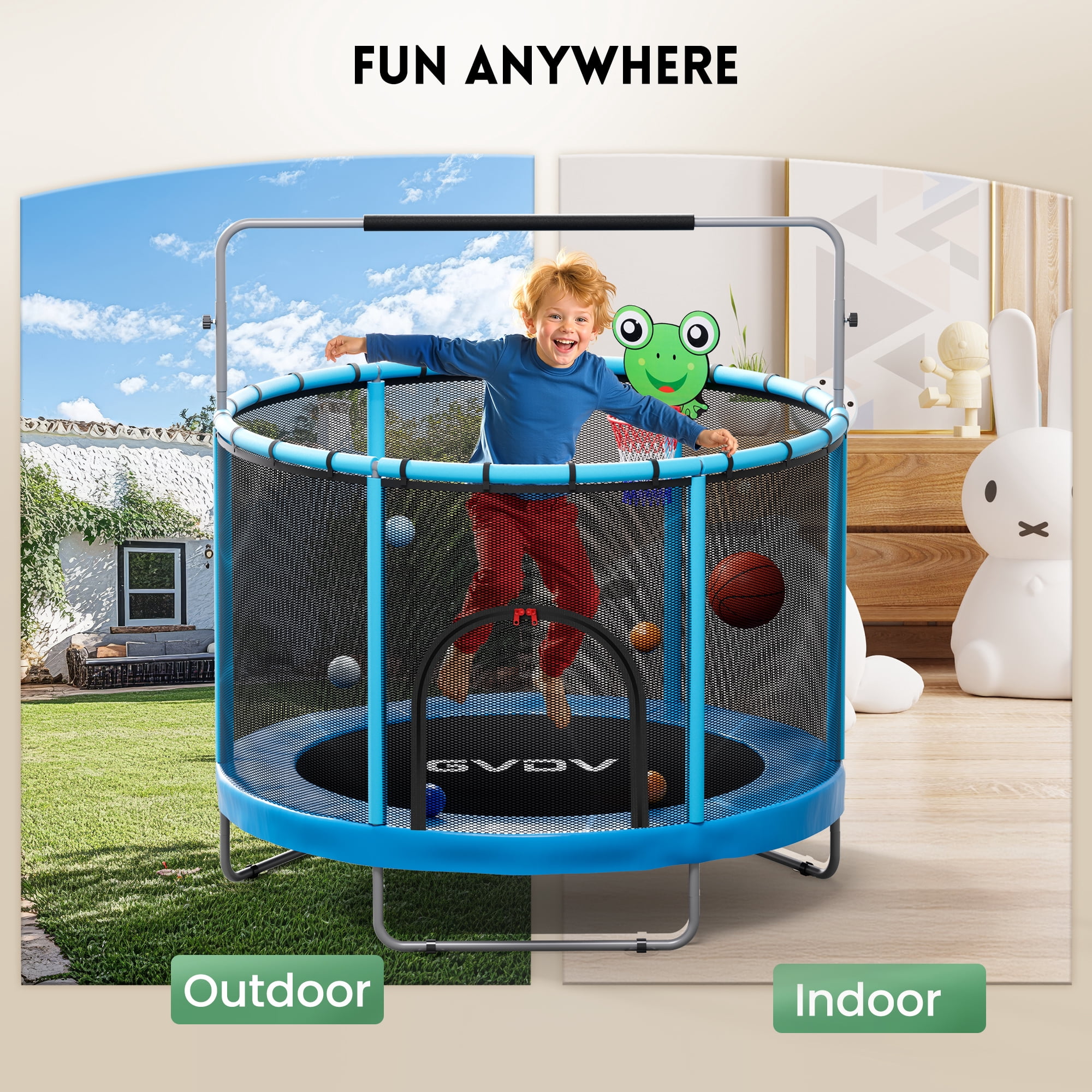 Trampoline for Kids, 60" Toddler Mini Trampoline with Enclosure Net, Basketball Hoop