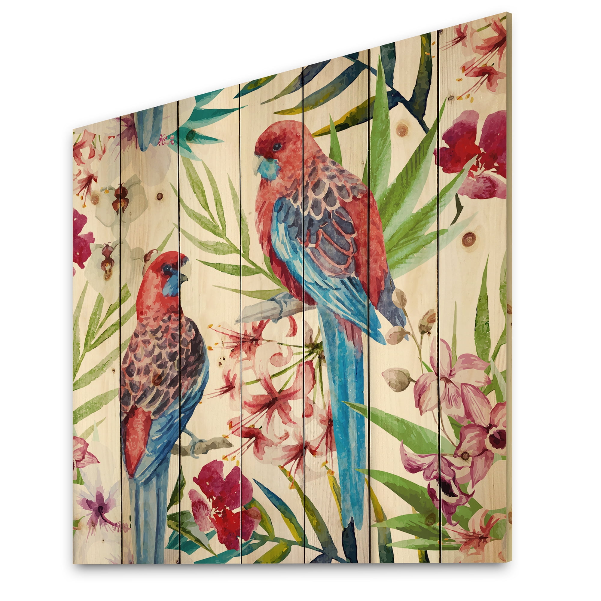 Designart 'Rosella Birds Sitting On Flowers Tree Branch' Traditional Print on Natural Pine Wood