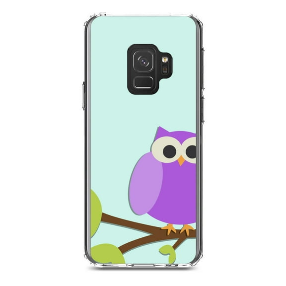DistinctInk Clear Shockproof Hybrid Case for Samsung Galaxy S9 (5.8" Screen) - TPU Bumper, Acrylic Back, Tempered Glass Screen Protector - Purple Owl Cartoon - Cartoon Owls