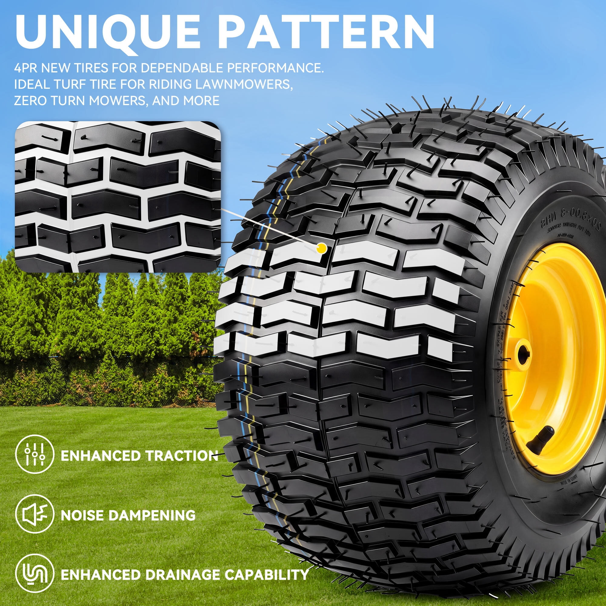 Uforic Set of 2 20x8.00-8 Lawn Mower Tire & Wheel Assembly, Heavy Duty 4 Ply Tubeless Front Replacement Tires, 3/4" Bore Hole 3/16" Keyway, 960 LBS Max Load for Riding Lawn Tractors & Garden Vehicles