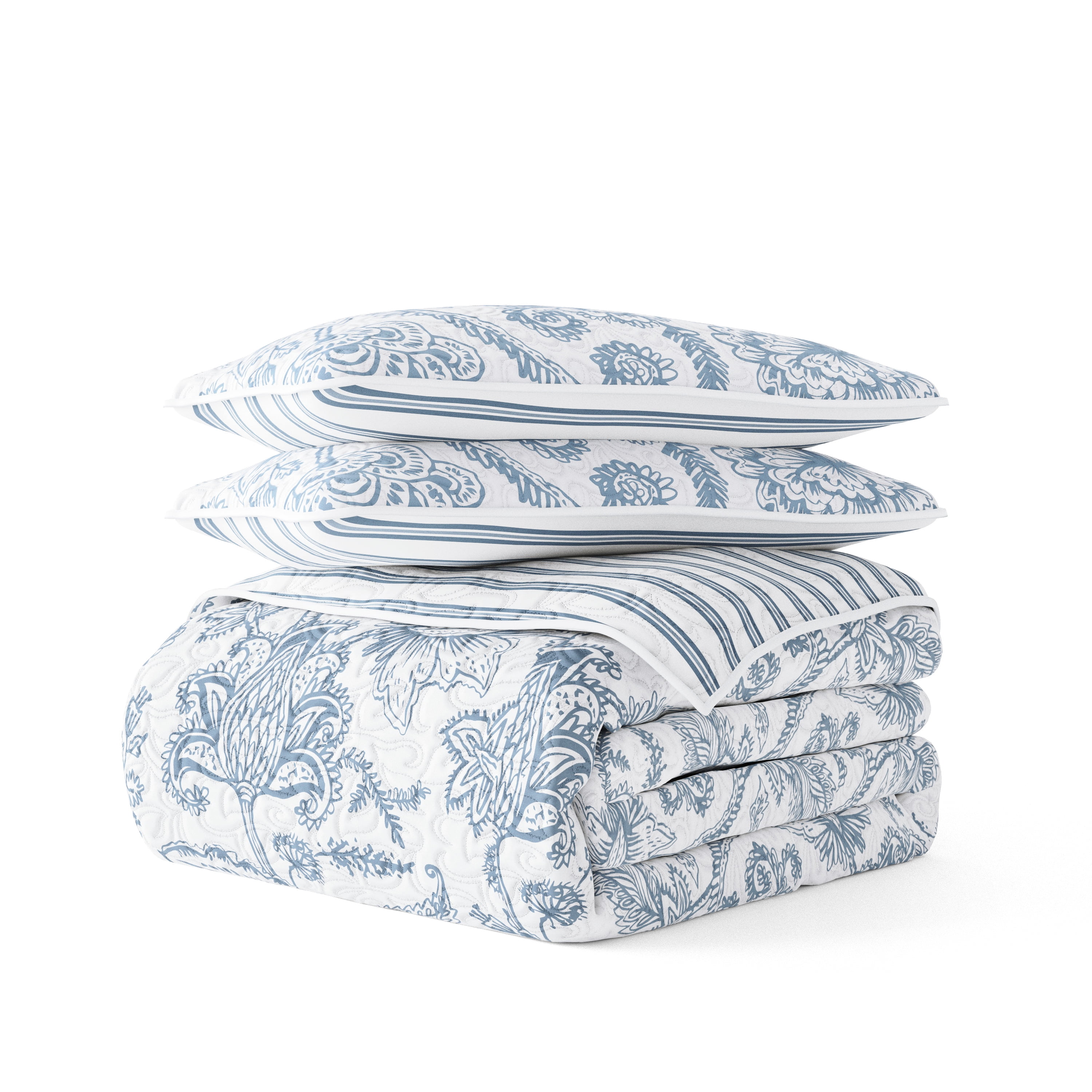 Noble Linens Dusk Blue 3 Piece Jacobean/Stripe Reversible Microfiber Quilt Set, Queen / Full