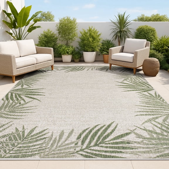 JONATHAN Y TUSCAN SUN 3 x 5 Area Rug, Isla Coastal Cottage Palm Frond Border - Green/Cream, TSN207B-3
