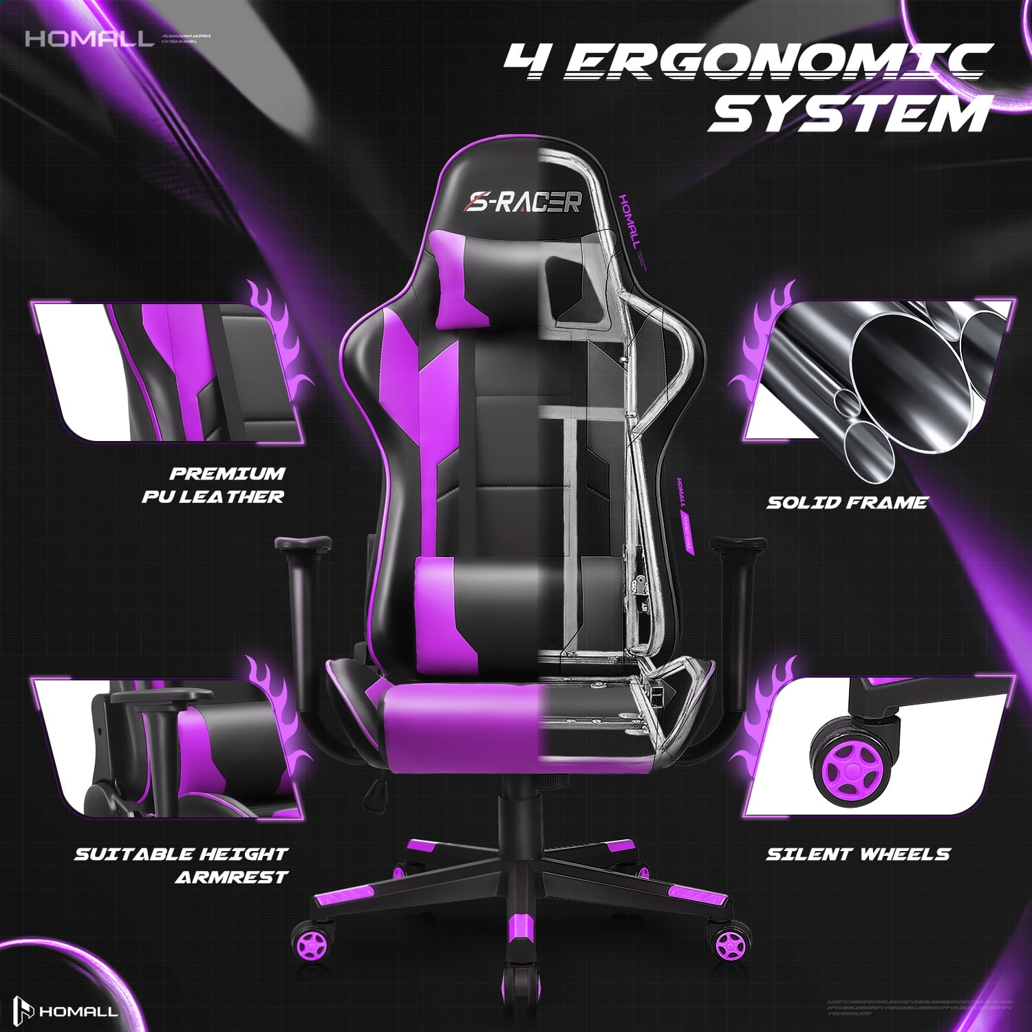 Homall Gaming Chair Office Chair High Back Computer Chair Leather Desk Chair Racing Executive Ergonomic Adjustable Swivel Task Chair with Headrest and Lumbar Support, Purple