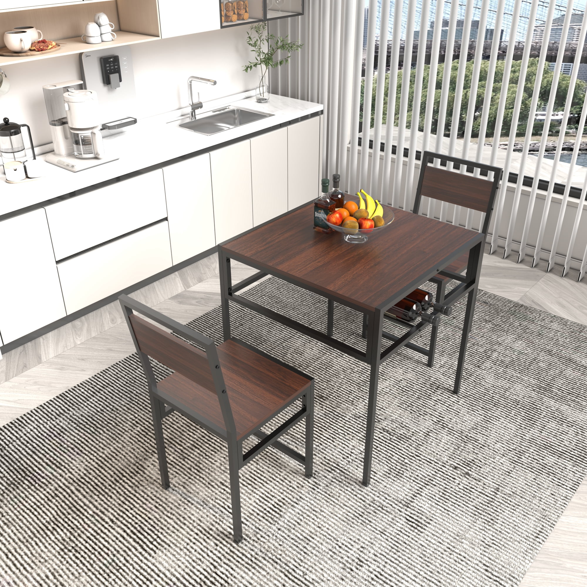 Industrial Dining Table Set with 2 Chairs, Small Square Kitchen Table with Storage Rack for Small Space Apartment