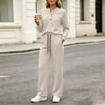thumbnail image 2 of Plus Size Matching Sets Solid Color Henley Neck Button Top & Drawstring High Waist Wide Leg Pants with Pockets Fall Daily Wear, 2 of 8