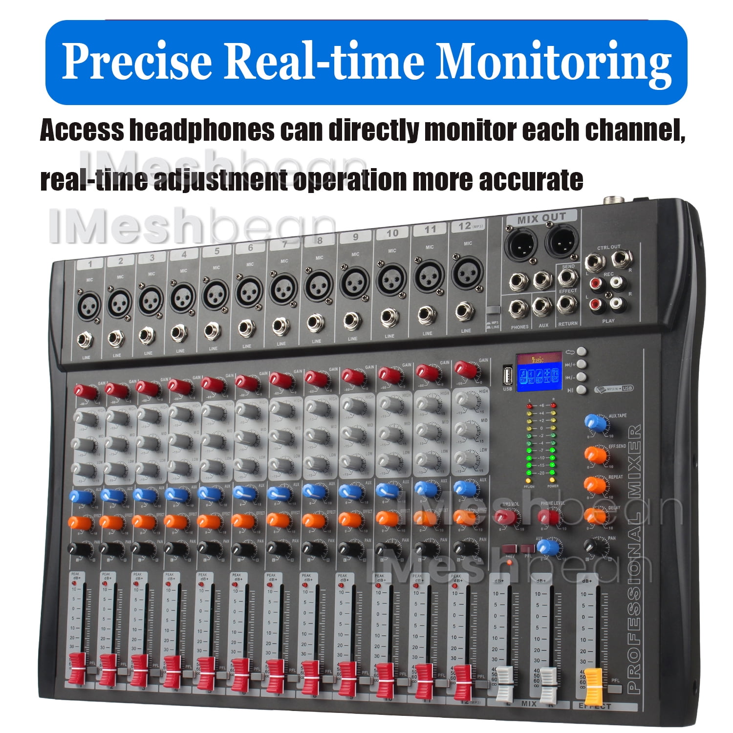 iMeshbean Professional 12-Channel Audio Mixer Sound Board USB Live Studio Mixer with USB Drive for PC Recording 48V Phantom Power Stereo DJ Studio Streaming 110-220V