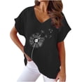 thumbnail image 2 of pimelu Womens Tops Dressy Tops for Women Loose Breathable Comfy Cotton Linen Tees Summer Trendy Dandelion Print Top Ladies V-Neck Short Sleeve Shirt Top, 2 of 4