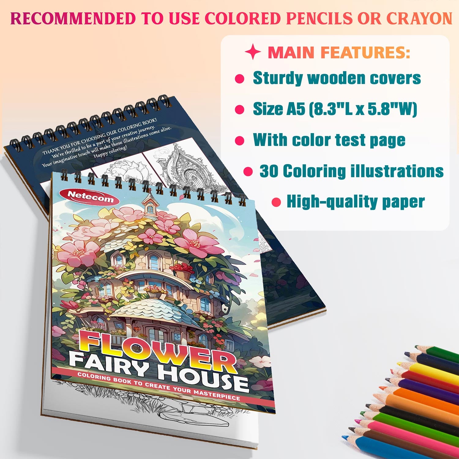 Netecom Flower Fairy House Coloring Book for Adults, A5 Wooden Cover, Spiral Bound Edition, 30 Delightful Coloring Pages of Fairy Garden for Stress Relief and Relaxation