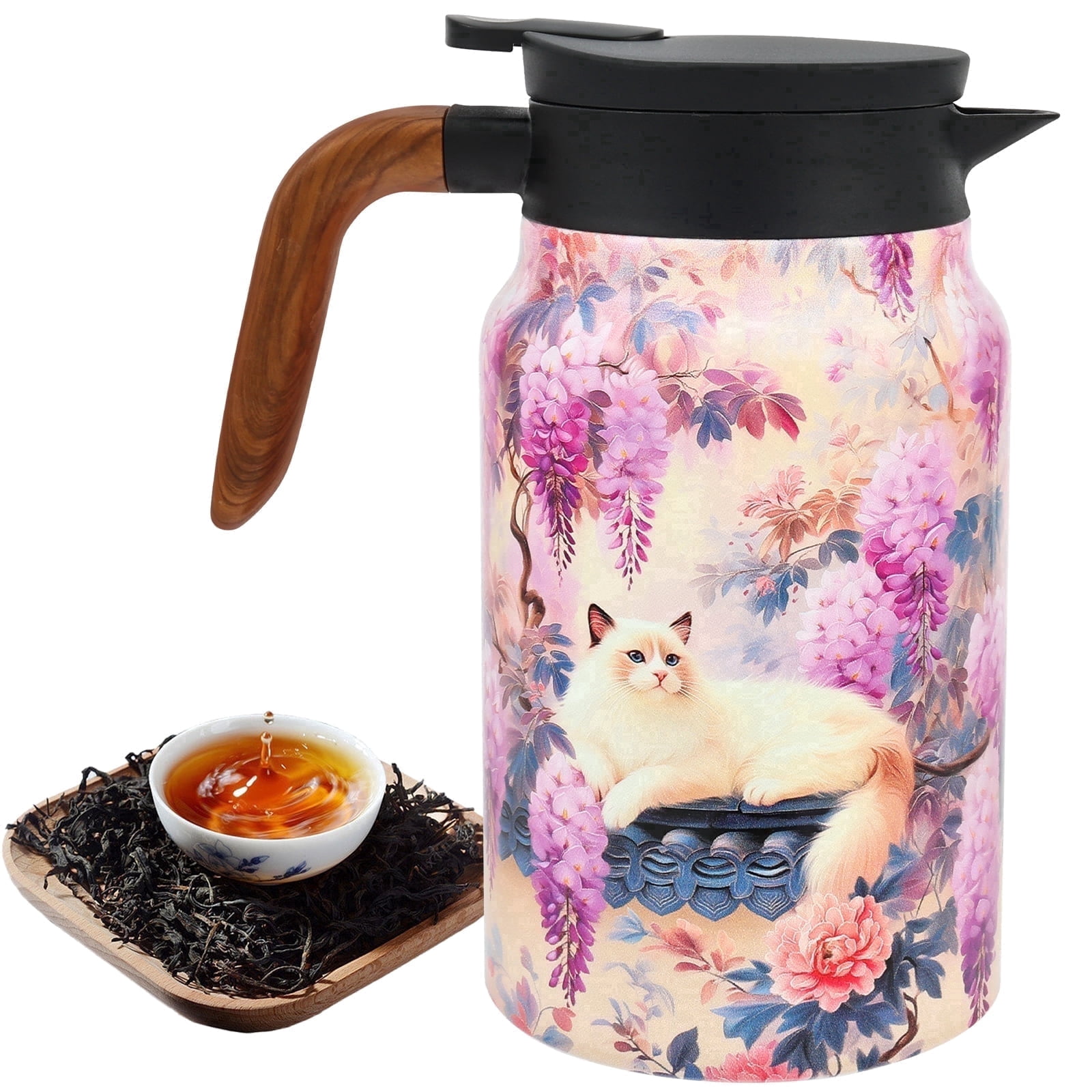 Qenwkxz 50.73 oz Insulated Teapot, Pink Vintage Floral Pattern Tea Pot with Infuser, Stainless Steel Thermal Teapot with Lid, Wooden Handle Thermal Carafe for Hot Drinks Coffee