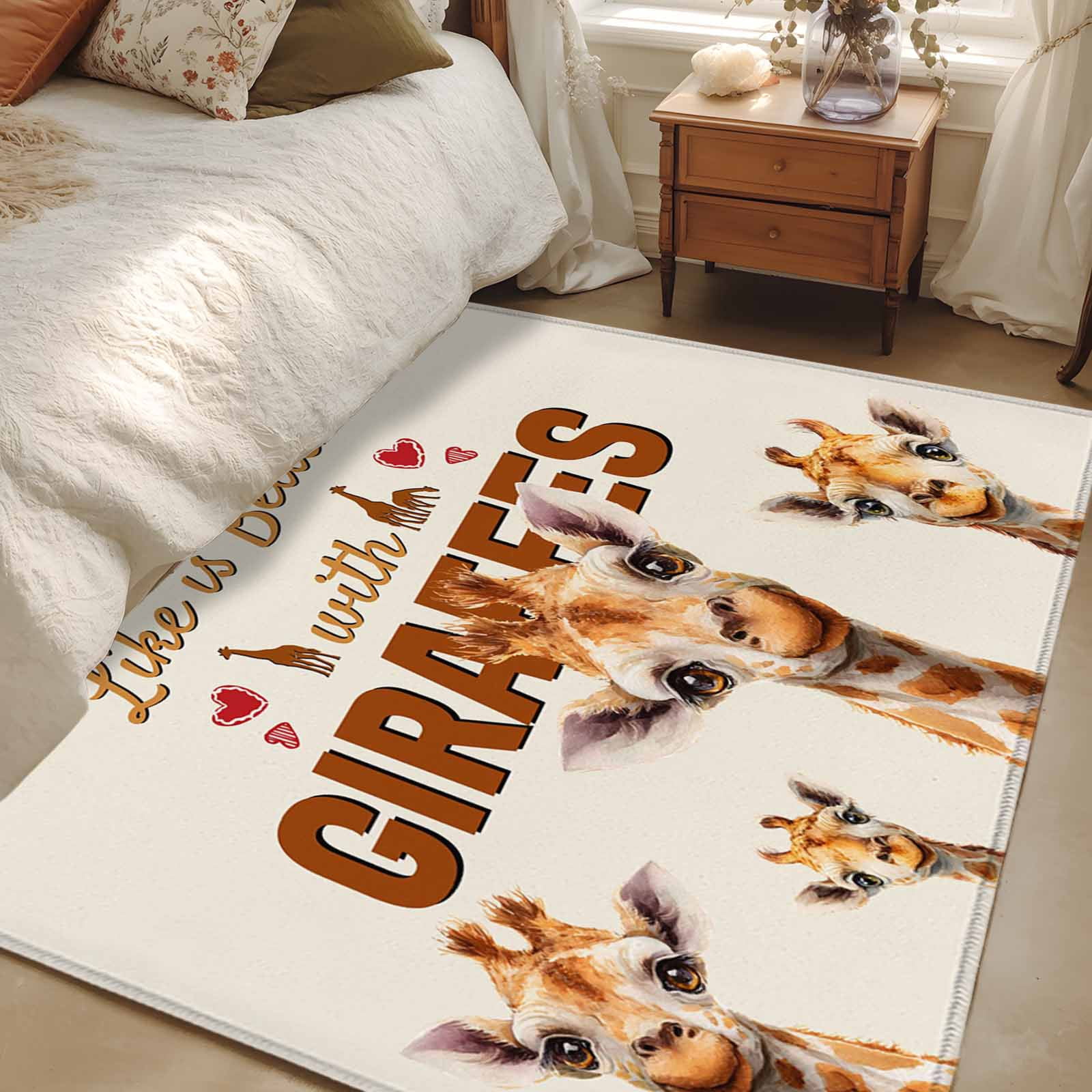 Giraffe Area Rugs 3'x5', Washable Small Throw Rugs for Living Room Bedroom, Red Love Heart Rustic Animals Indoor Outdoor Rug Non-Slip Low Pile Carpet Runner Reversible Floor Mats