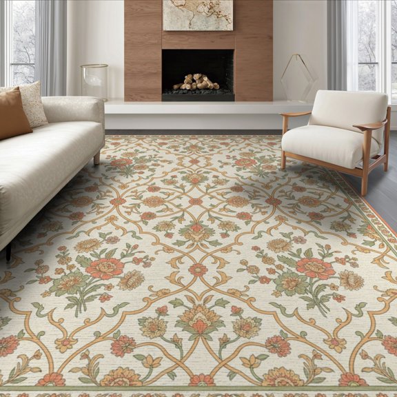 ODIKA 8'x10' Washable Area Rug Non-Slip Chair-Friendly Mat Trellis Delicate Border Scroll Ornate Neutral Vintage Allover Playful Expressive for Dining Room, Large Office, Lounge