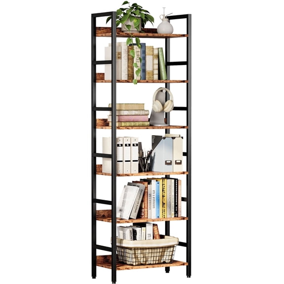 IRONCK Tall Bookshelf, 6 Tiers Metal and Wood Open Bookcase，Brown