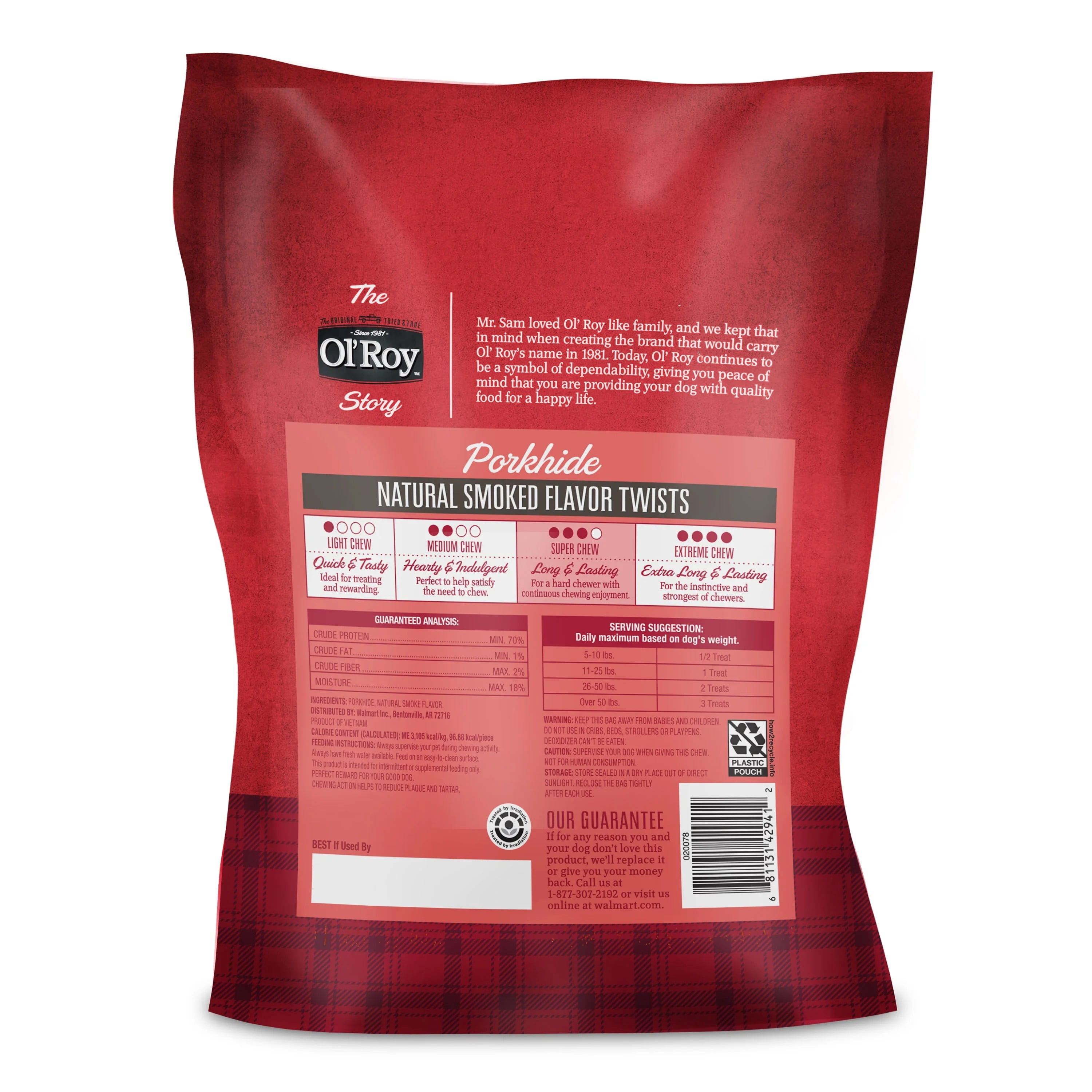 (3 pack) Ol' Roy Pork hide Natural Smoked Flavor Twists, 22 oz, 20 Count, Dry