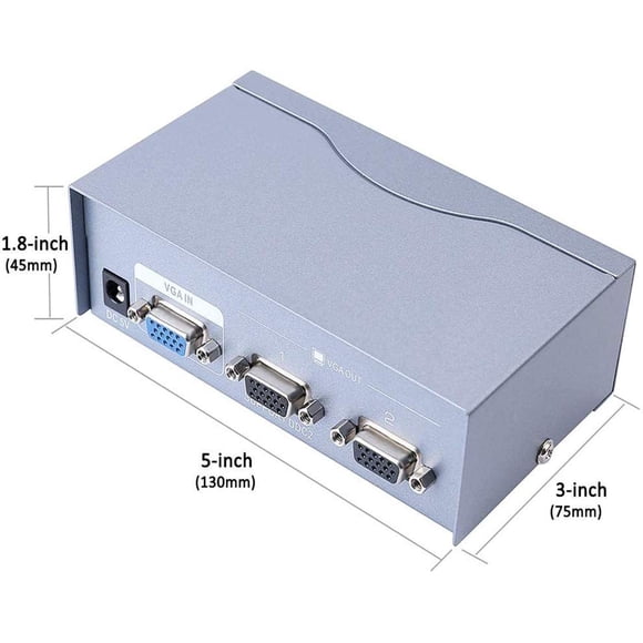 DTECH Powered 2-Port VGA Splitter Box 1 in 2 Out Video Distribution Duplicator High Resolution 1080p 250 MHz for 1 PC
