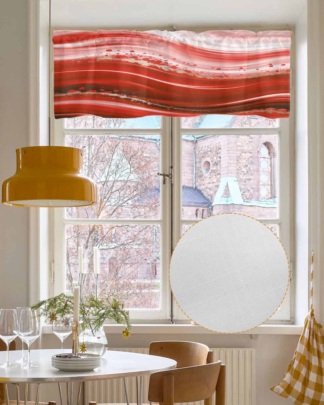 Red Waves Abstract Kitchen Valances for Windows Farmhouse Linen Window Valance Curtain for Living Room Window Treatment Ombre Fluid Water Ripple Striped Valance Rod Pocket Topper Drape, 54 x 18 Inch