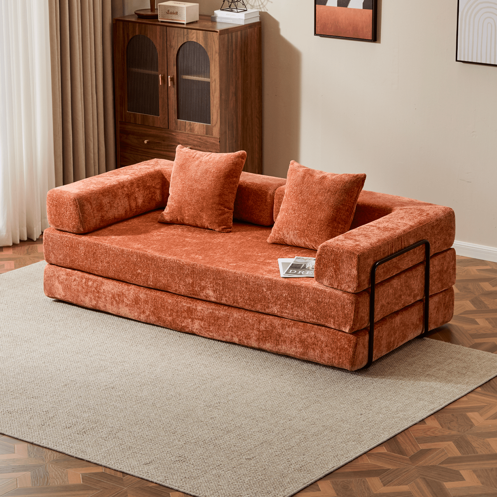 BSHTI Convertible Sofa Bed with Pillows, Chenille Folding Floor Sofa, High Rebound Density Sponge Boneless Couch for Living Room Bedroom Apartment Office, No Assembly Required, Orange