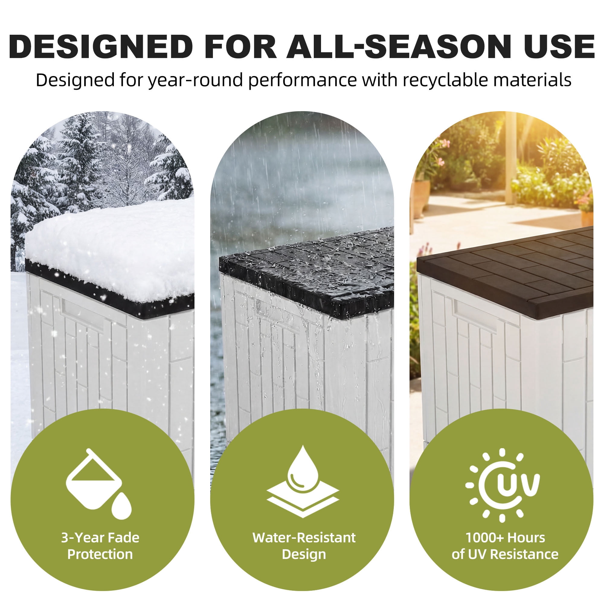 Dextrus 120 Gallon Weatherproof Resin Outdoor Storage Box, Slide Lock Patio Deck Bench for Garden Pool Yard, Easy Assembly, White