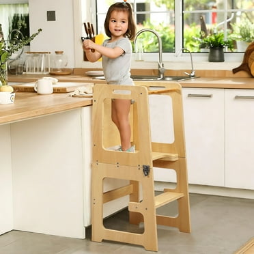VECELO Kids Kitchen Step Stool, Toddler Standing Tower with Chalkboard & Safety Rail, Removable Kids Learning Stool Helper, Natural