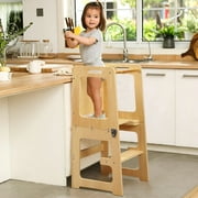VECELO Kids Kitchen Step Stool, Toddler Standing Tower with Chalkboard & Safety Rail, Removable Kids Learning Stool Helper, Natural