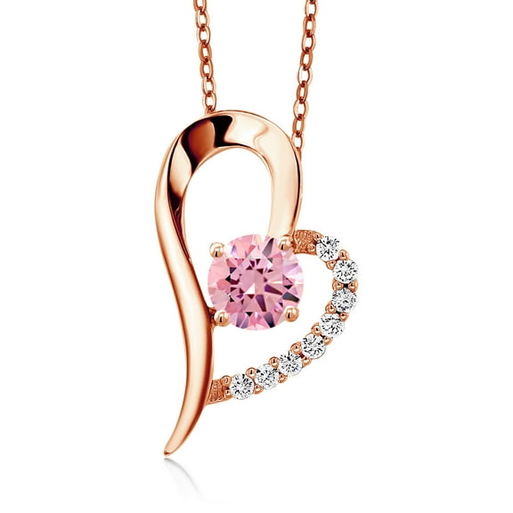 Gem Stone King 18K Rose Gold Plated Silver Pink Zirconia Heart Shape Pendant Necklace for Women (1.62 Cttw, Round 6MM, Gemstone Birthstone, with 18 inch Chain)