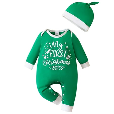 

Tosmy New Spring Autumn Long Sleeve Crawl Suit Christmas Letter Print Long Sleeve Open Jumpsuit Hat Cute Clothes