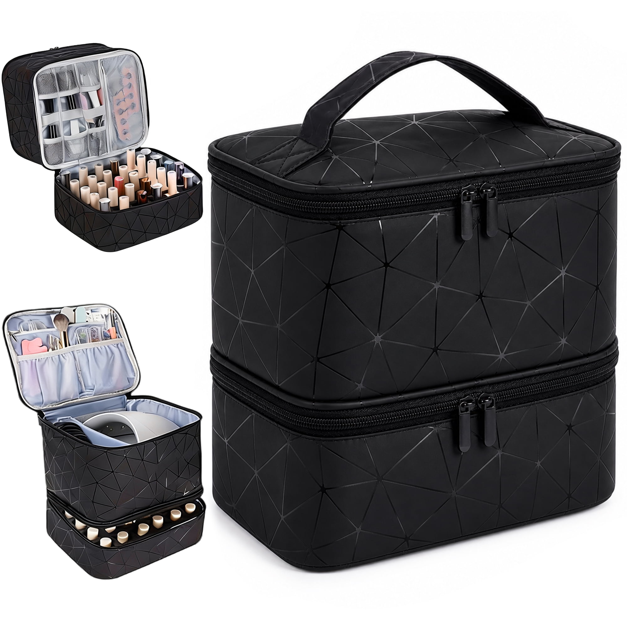 Yalumo Nail Polish Organizer Case Holds 30 Bottles & Nail Lamp, Mother's Day Gift Double-Layer Nail Polish Storage Bag with Adjustable Dividers for Nail Tech and Manicure Tools