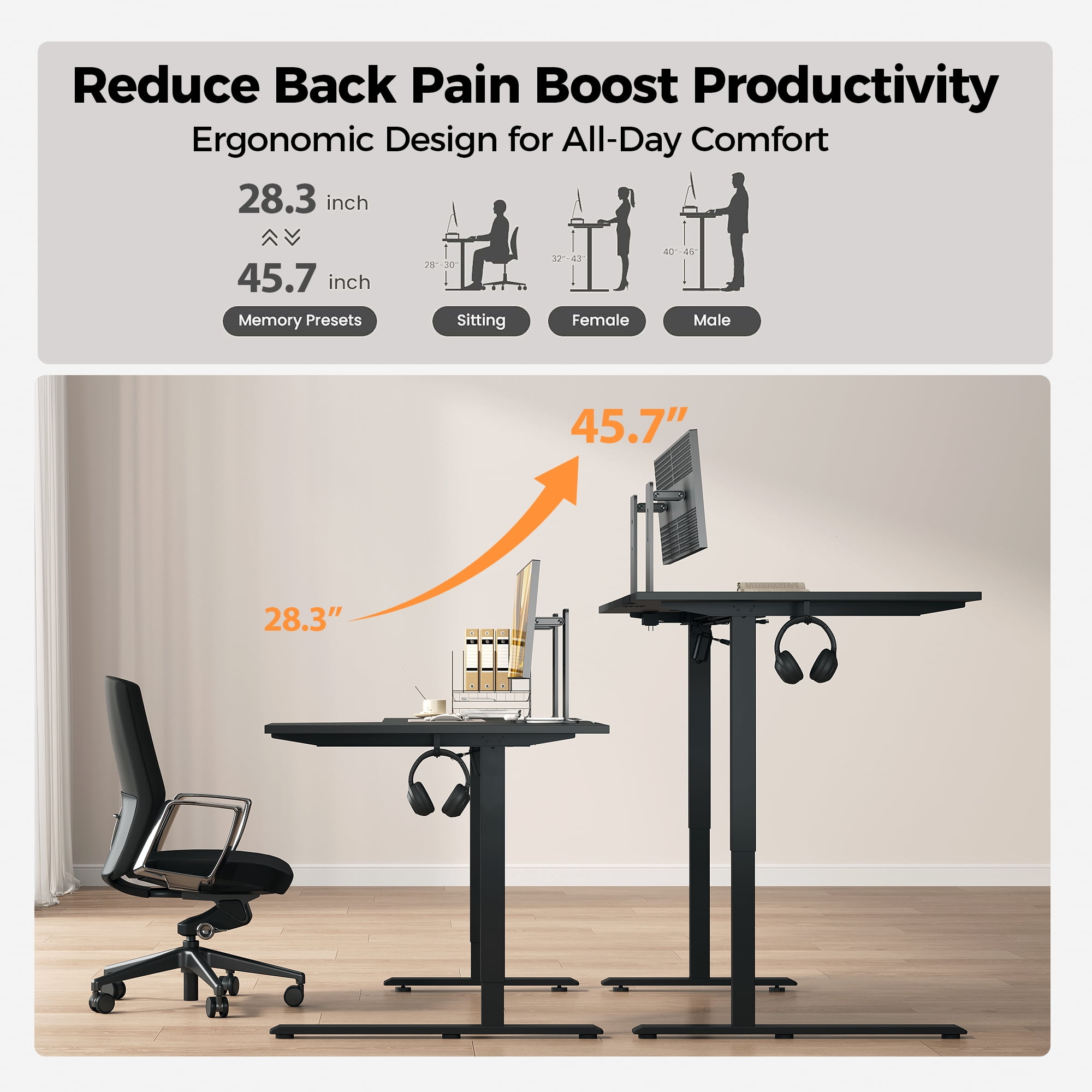 59.1 Inch Electric L-Shaped Height Adjustable Standing Desk, Sit to Stand Corner Desk with Memory Presets and Hooks, Ergonomic Home Office Computer Desk for Workstations, Black