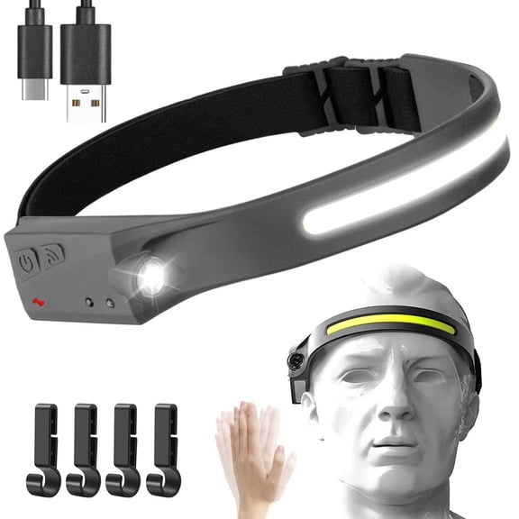 LED Headlamp Rechargeable Flashlight, 230° Wide Beam Headlight with Motion Sensor, 2 COB 5 Modes Lightweight Waterproof Head Lamp with Clips for Working, Running, Camping Hiking