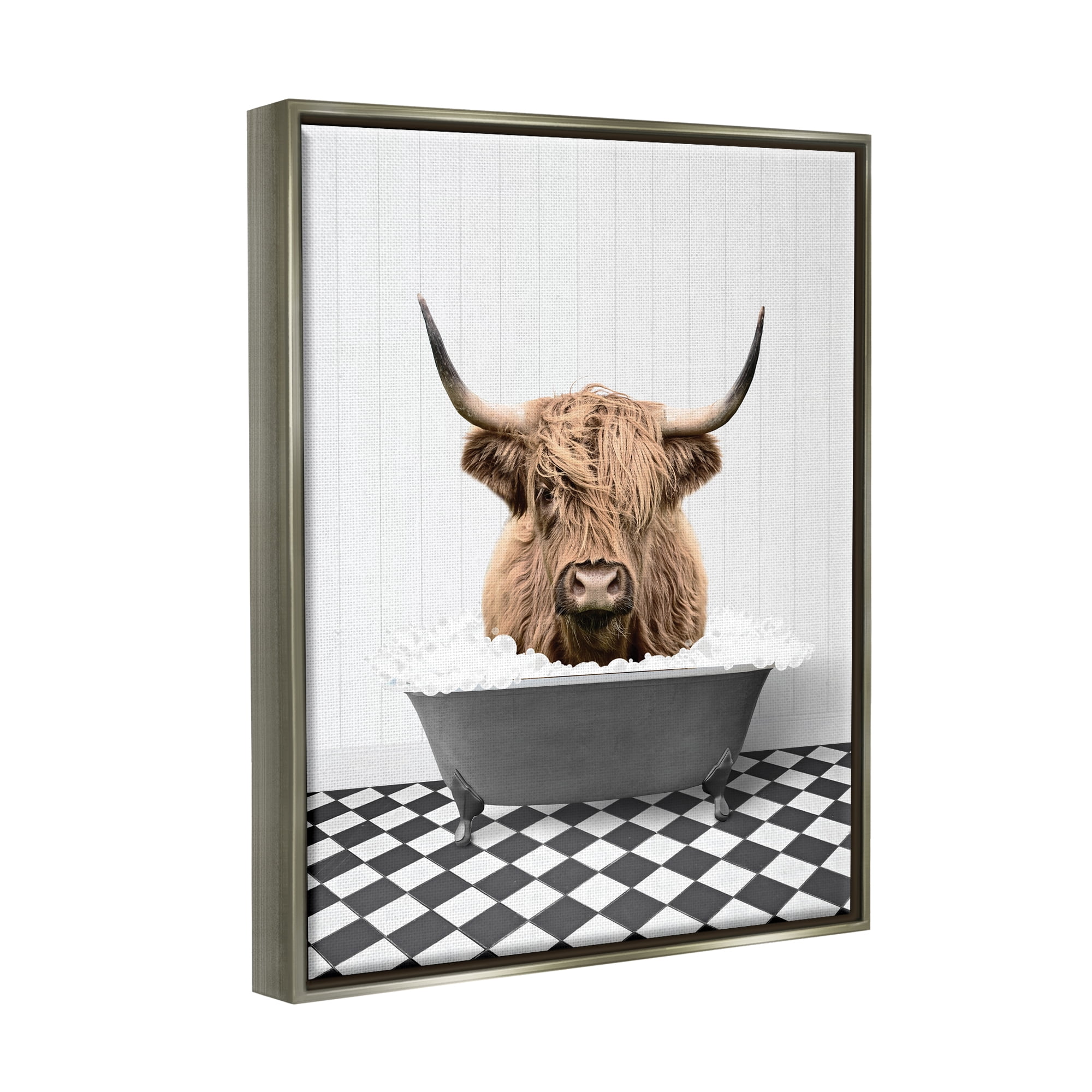 Stupell Industries Cattle in Checkered Bathroom Animals & Insects Painting Gray Floater Framed Art Print Wall Art, 25 x 31