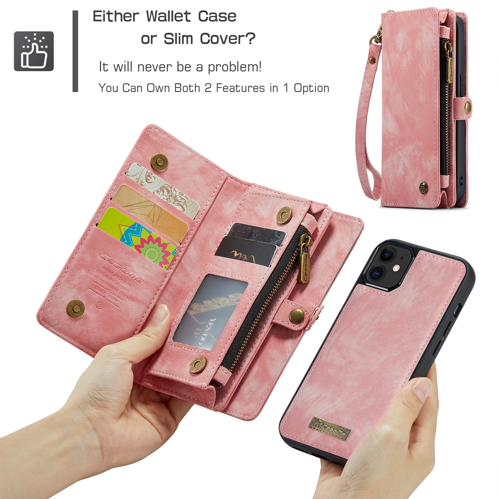 Feishell Durable 2-In-1 Magnetic Detachable Wallet Case for iPhone 12 / iPhone 12 Pro,for Women Men,Premium PU Leather Zipper Pocket Flip Multi Card Slots Purse Phone Case with Wrist Strap,Pink