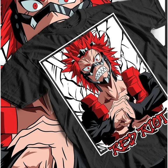 Reprint Rare Eijiro Kirishima T-shirt, My Hero Academia Tee, Red Riot Anime Shirt Black