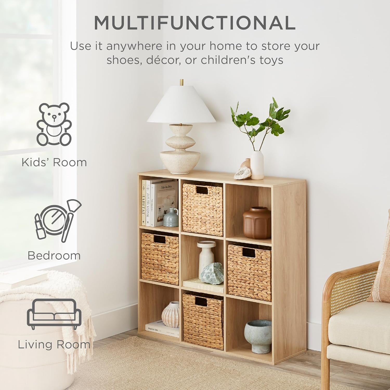 9-Cube Storage Organizer, 11in Shelf Opening, Bookcase, Display Shelf, Customizable w/ 3 Removable Back Panels - Light Oak
