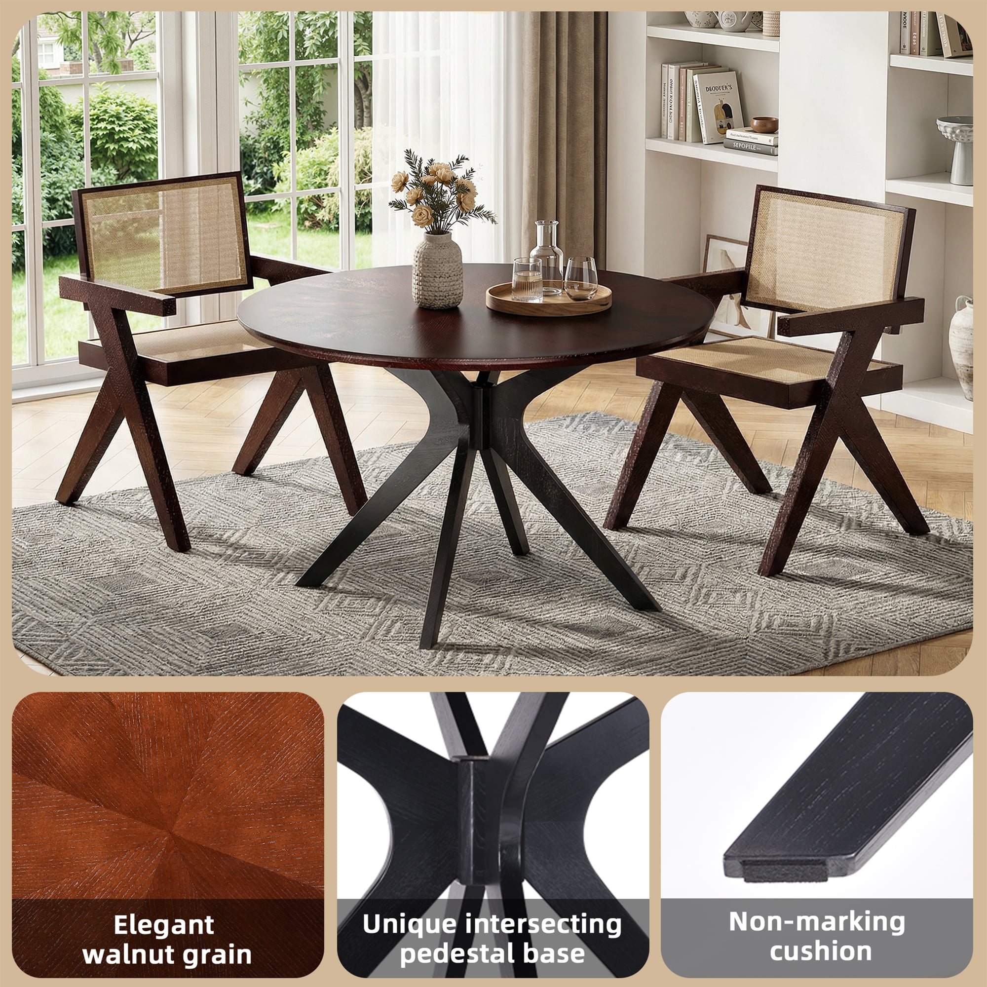 MAYEERTY 47" Solid Wood Round Dining Table, Intersecting Pedestal Base, Seats 4-6, Kitchen/Dining Room,Black Walnut