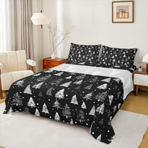 Manfei Rustic Plant Queen Sheet Sets, Sketch Pine Tree Flat Sheet, Black White Fitted Sheet, 4-Piece Microfiber