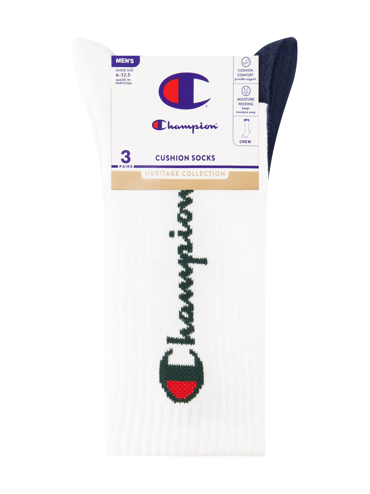 Champion Men’s Crew Socks 3 Pack – Half Terry Cushion, Moisture-Wicking, Arch Support, Stretch Comfort, Sizes 6–12.5