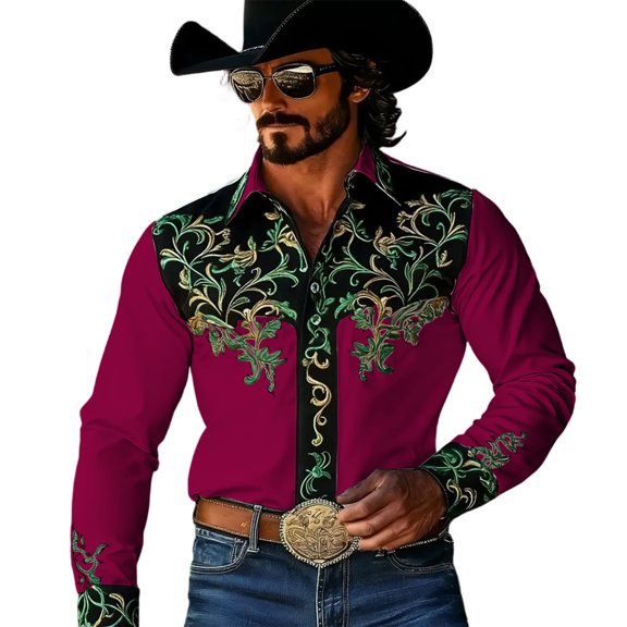 CONZONE Mens Western Cowboy Shirts Long Sleeve Buttons Down Shirts for Men Trendy Embroidered Lapel Soft Lightweight Tops