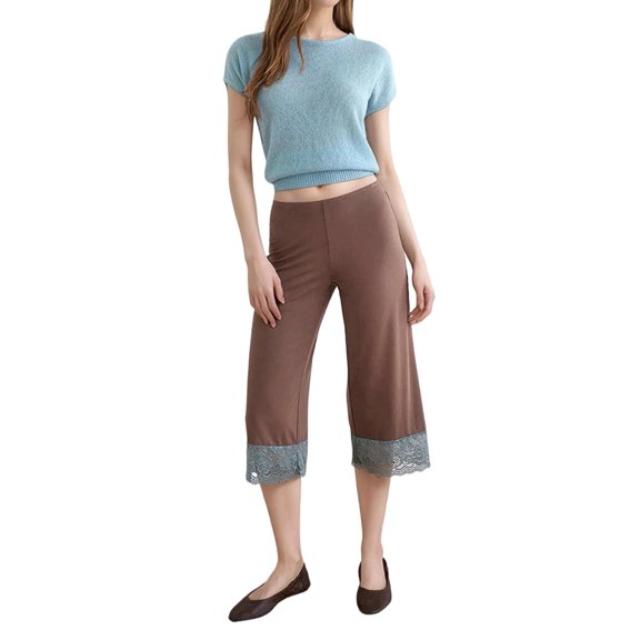 Women's Lace Trim High Waist Casual Cropped Wide Leg Pants Light Brown S