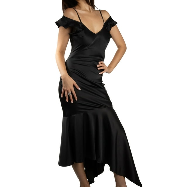 Jess por Meiko Vestido de Mujer de Manga Larga Cuello en V con Cremallera Vestido Deslizante Asimétrico con Mangas de Mariposa M Negro