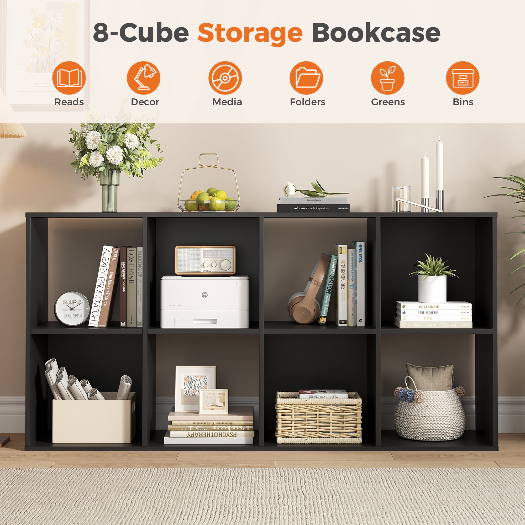CONCETTA 8 Cube Storage Organizer, Open Corner Bookshelf with Removable Back Panels for Living Room Bedroom Office, 24*12*48 inches, Black