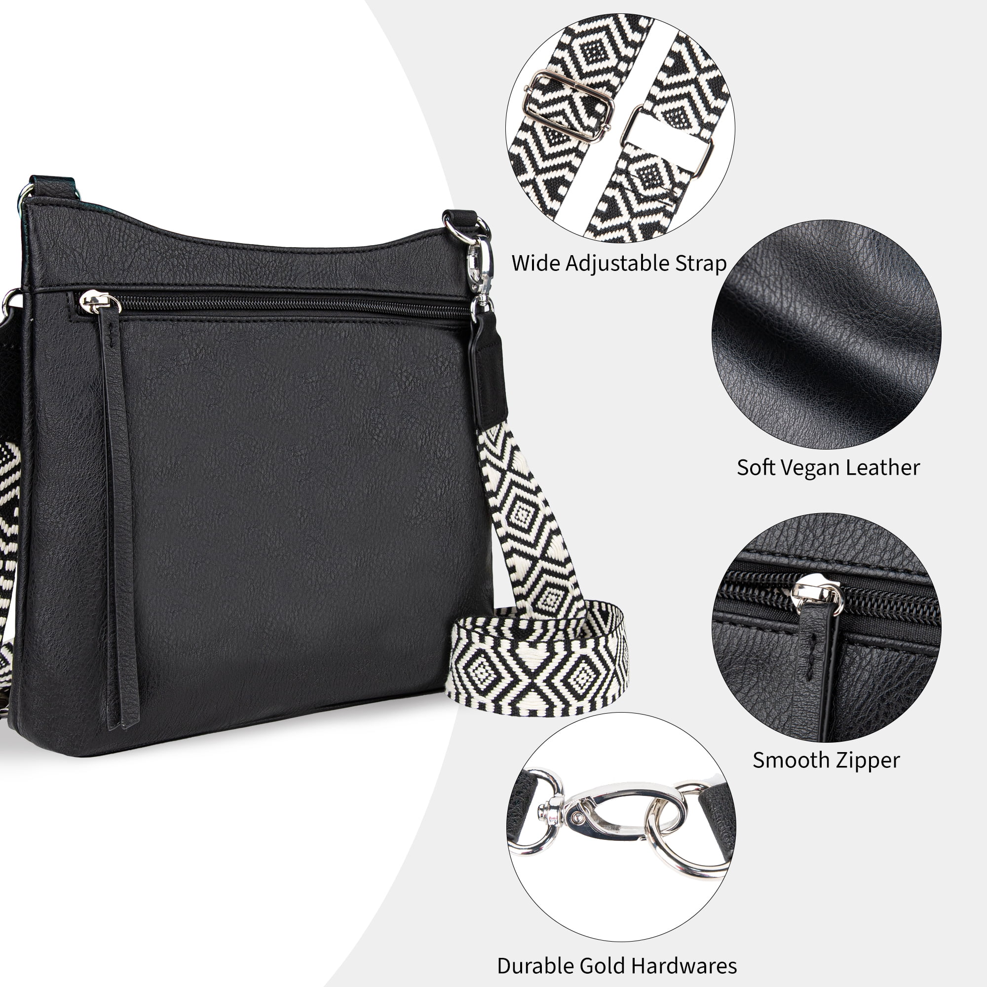 HONGLONG Leather Crossbody Bags for Women, Crossbody Purse with Guitar Strap Zipped Pockets Handbag Shoulder Bag